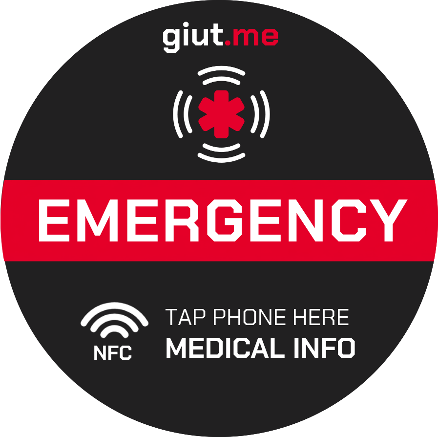 Sticker NFC giut.me: banda rossa EMERGENCY, simbolo medico e istruzione tap phone here